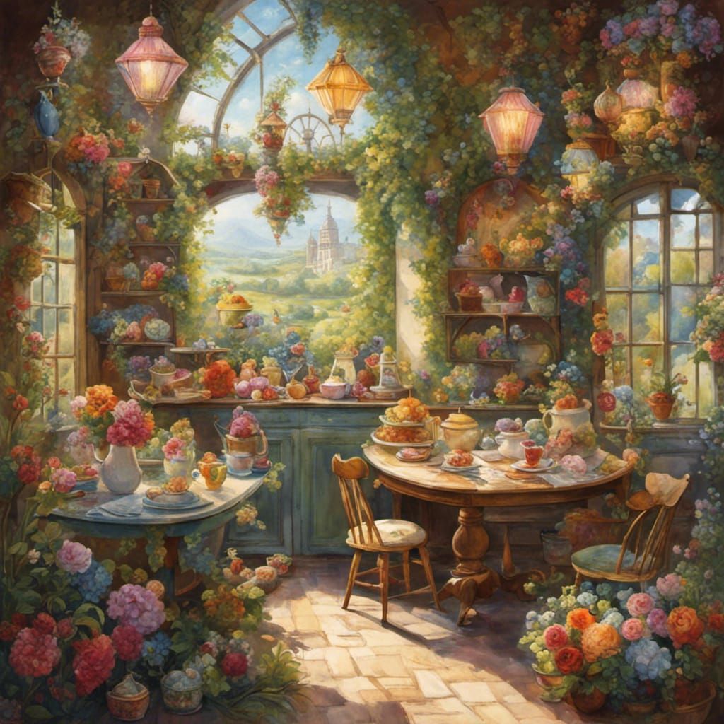 Pastel Cafe Scene with Anthropomorphic Bunnies in Watercolou...