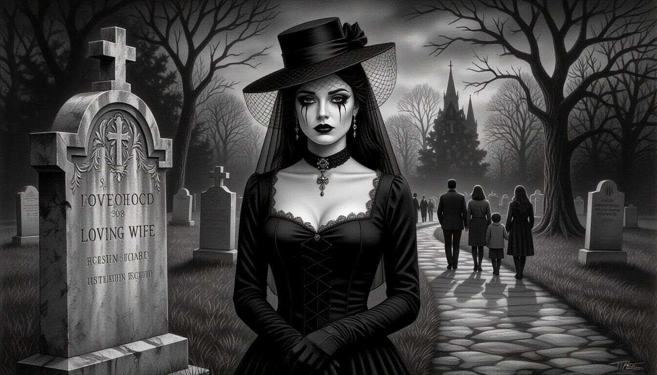 Goth Woman in Graveyard, Charcoal Drawing
