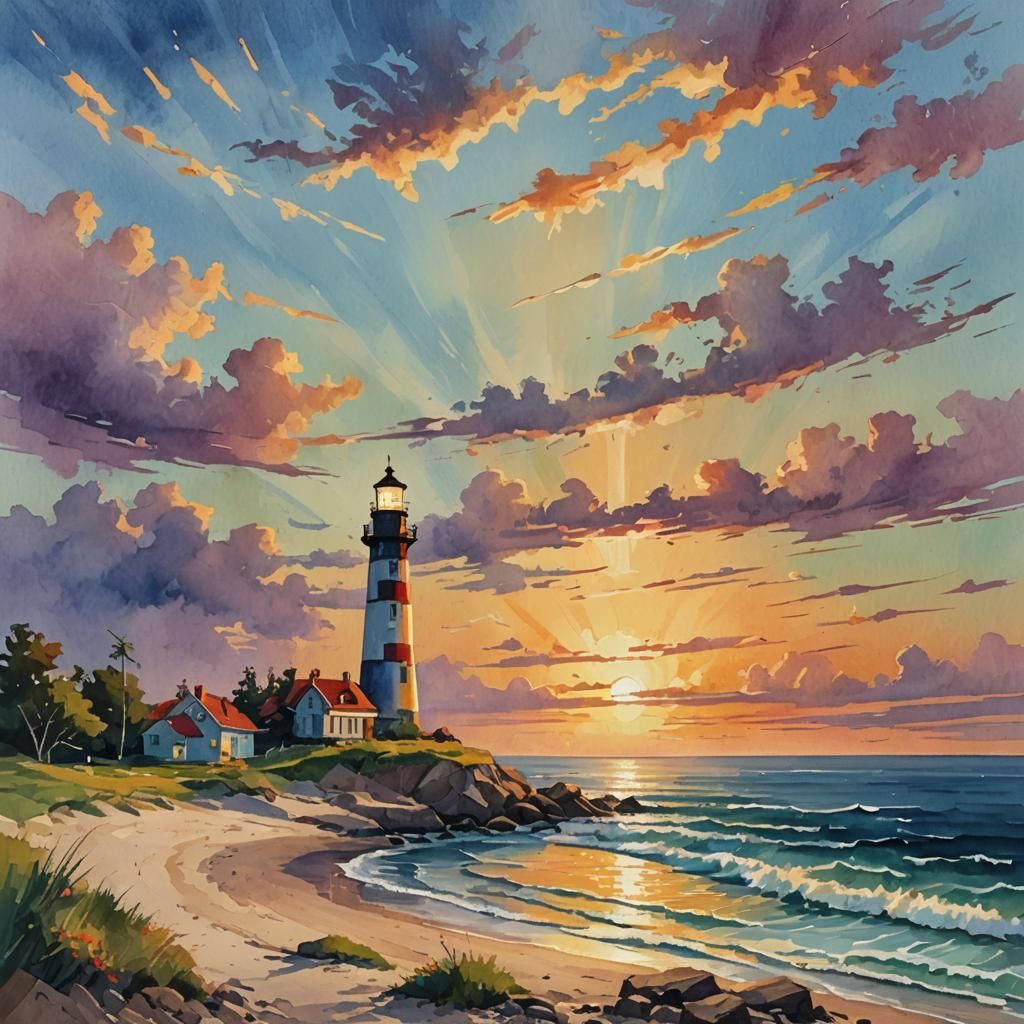 Sunset Lighthouse: Gouache Impressionist Masterpiece