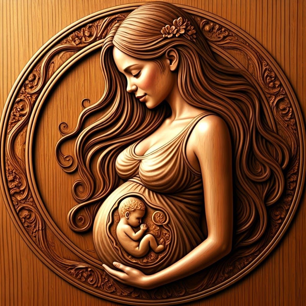 Serene Pregnant Wood Carving in Intricate Floral Frame