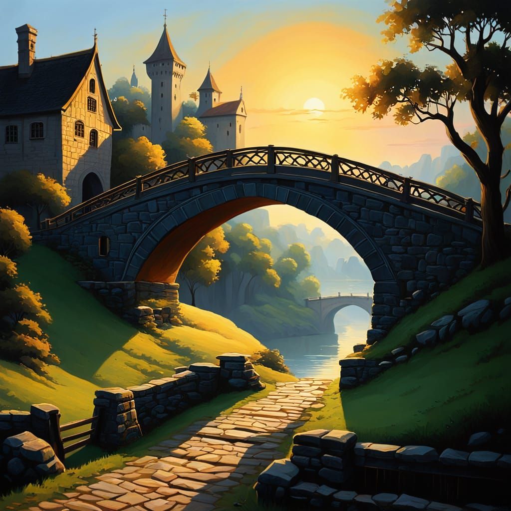 Medieval Bridge at Sunrise in Colorful Cartoon Style