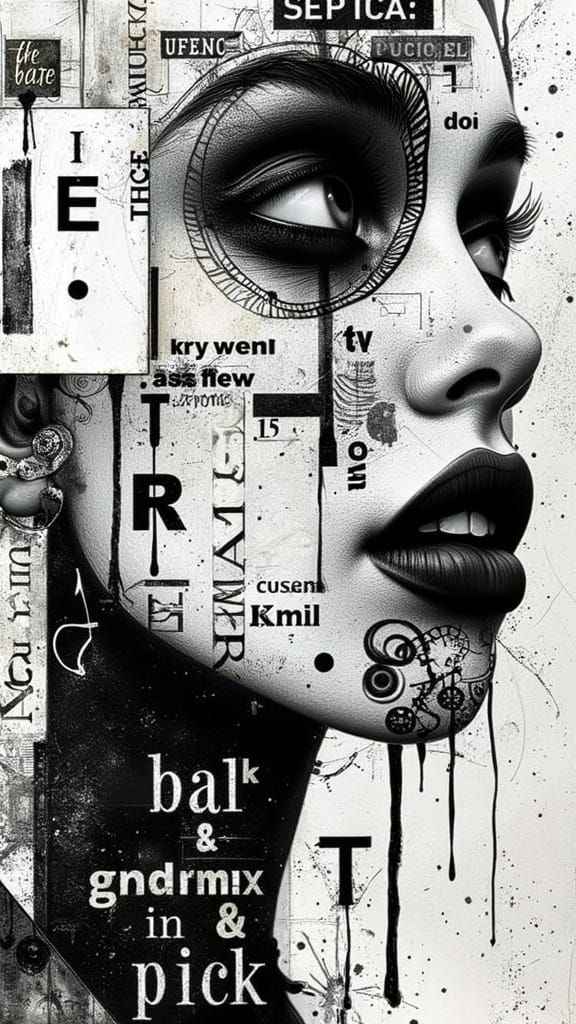 <lora:FantAlenD:1.0> A contemporary abstract artwork predominantly in black and white, executed with mixed media: collag...