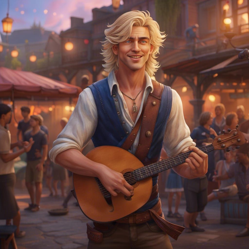 Handsome Bard Entertains Market Crowd at Sunset