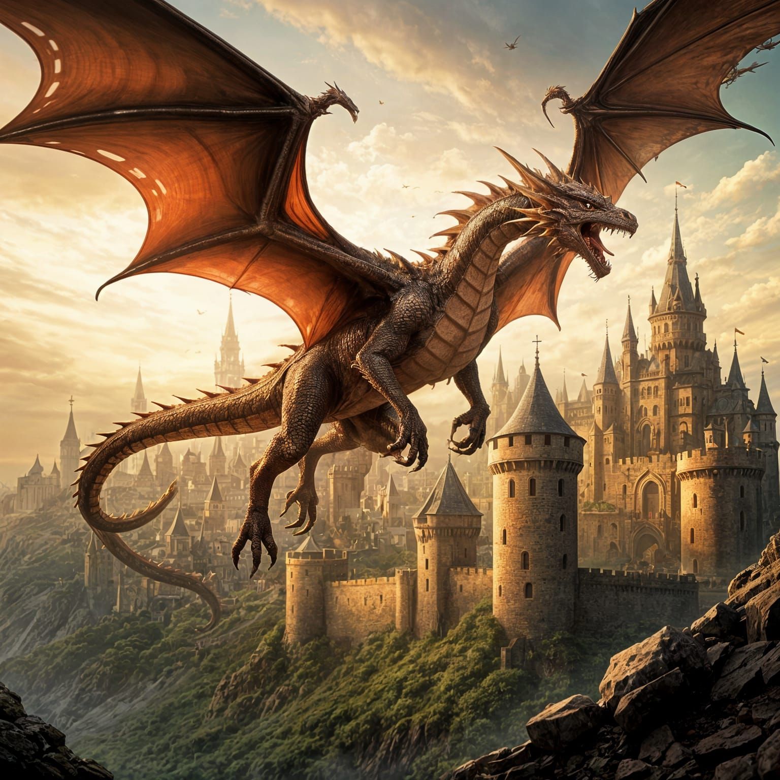 Dragon Flying Over Medieval Castle
