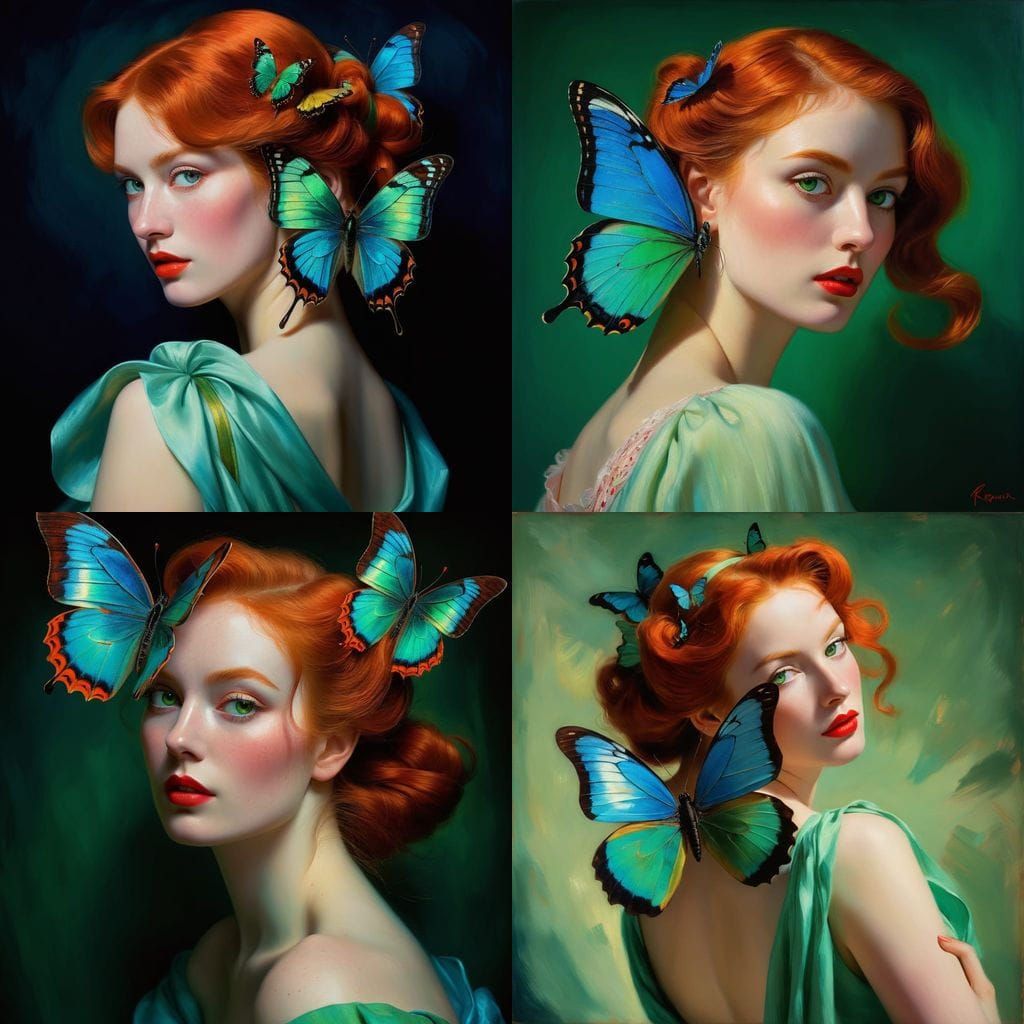 Redhead with Butterfly Wings in Impasto K-Pop Style
