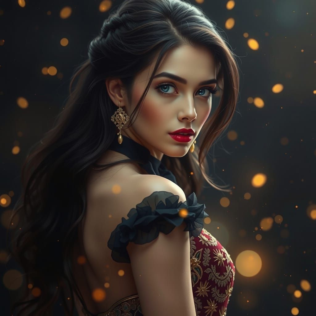 Mysterious Woman in Golden Evening Gown