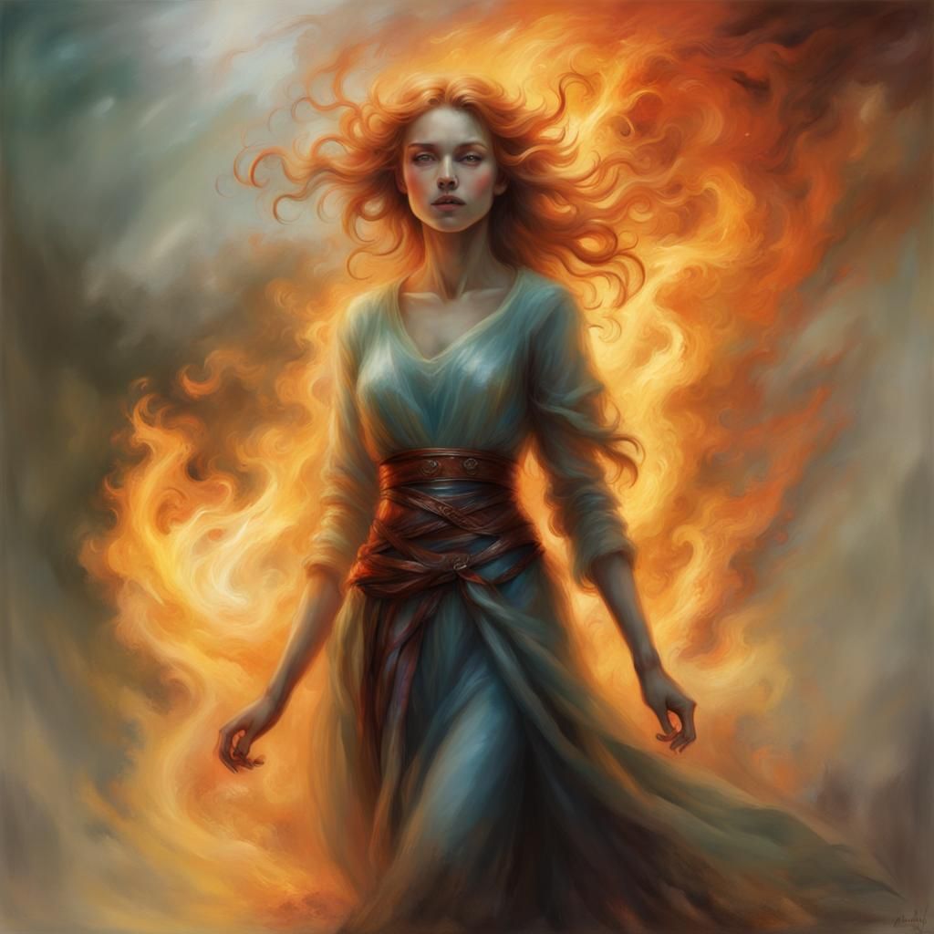 Dreamlike Fire Woman in a Blurred, Chaotic Style