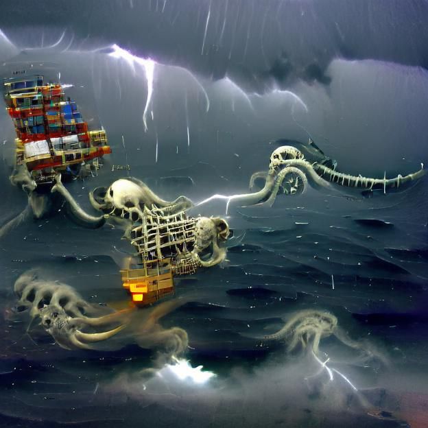 Kraken Attacks Skeleton Ship During Thunderstorm