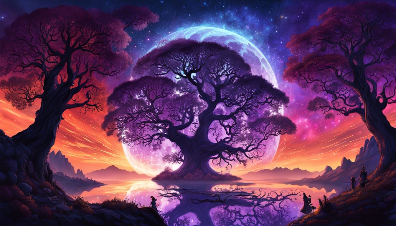 Impressionist Sunset Over Mountain Lake Silhouette