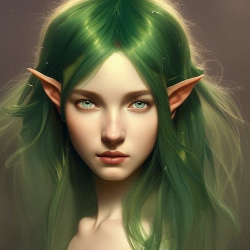 Green-Haired Elf Portrait in Art Nouveau Style