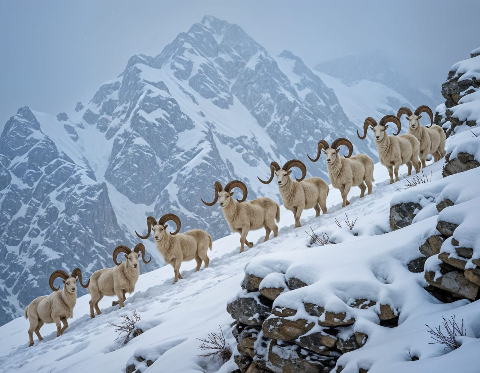 Wild Sheep Brave Himalayan Winter Storm