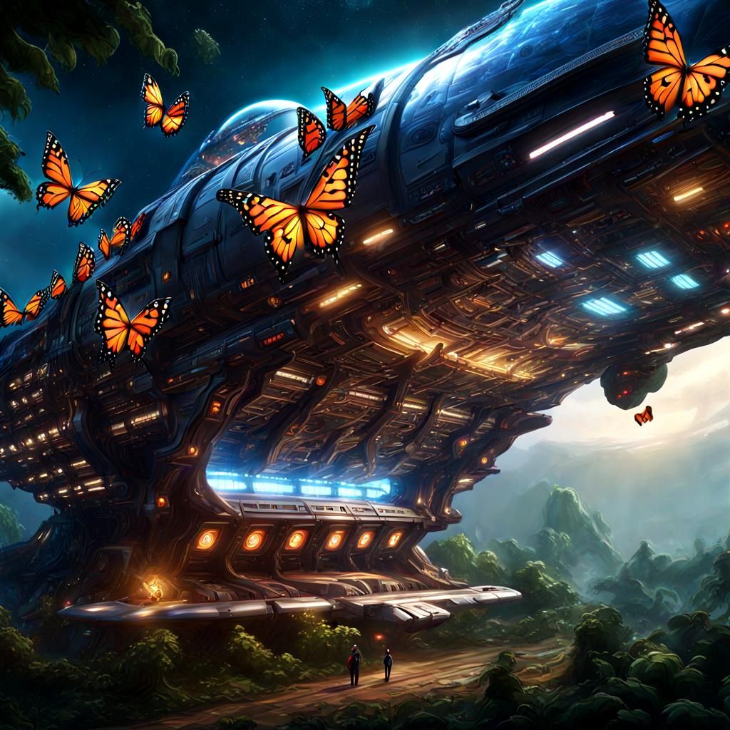 Butterfly Spaceship in Cosmic Digital Art Style