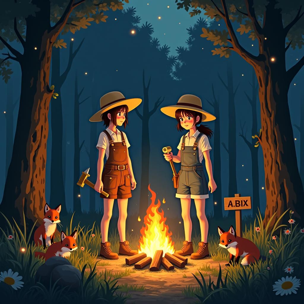 Girls Building Cabin in Forest, Anime Style