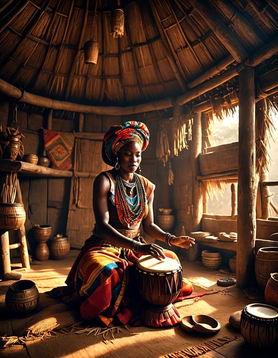 Rustic Hut: Djembe and Shekere, Hyperrealistic Concept Art