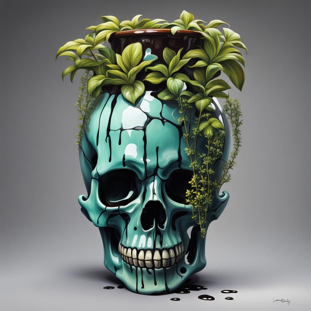 Ceramic Skull Vase with Plant in Graffiti Style