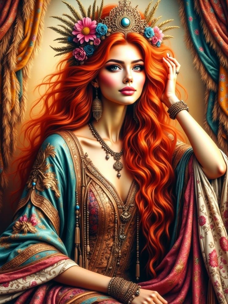 Majestic Redhead in Art Nouveau Style Headdress