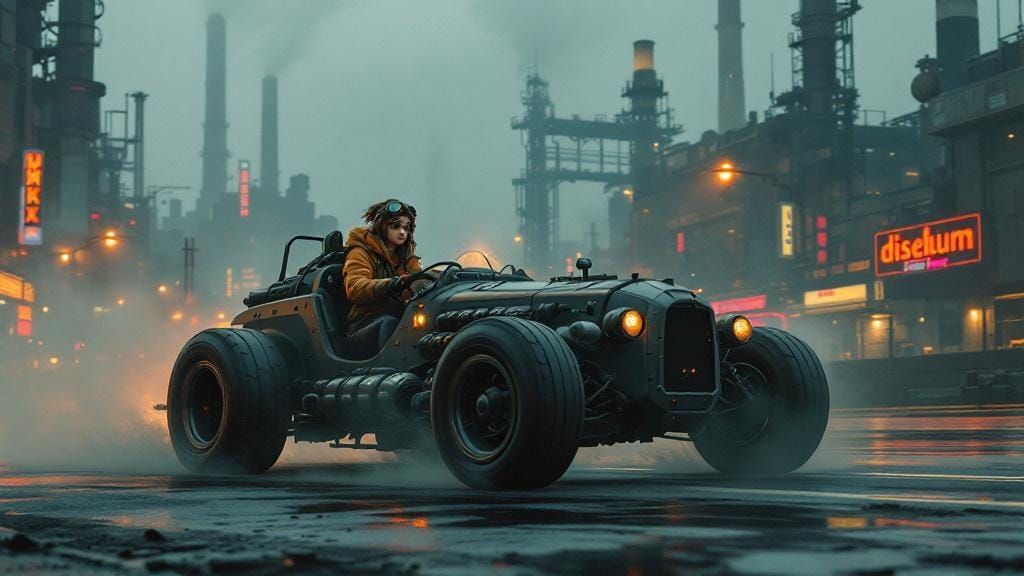 Dieselpunk Roadster in Foggy Metropolis, in Retro-Industrial...
