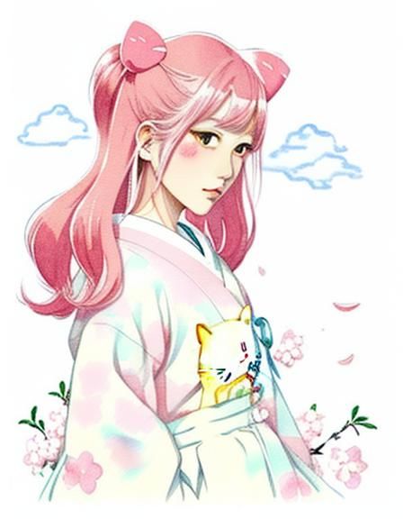 Kawaii illustration. Medium shot. Hello Kitty standing in a pastel pink garden filled with cherry blossoms and swaying b...
