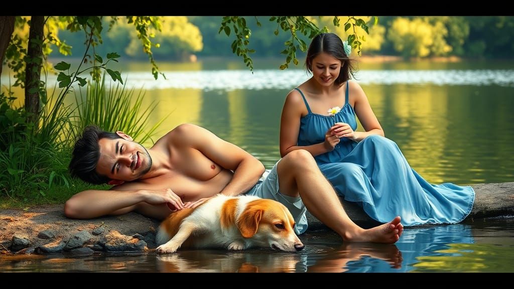 Couple in Serene Lakeside Moment with Lush Greenery