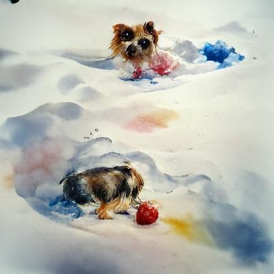 Small Dog Playing in Snow, Watercolor Hyperrealism
