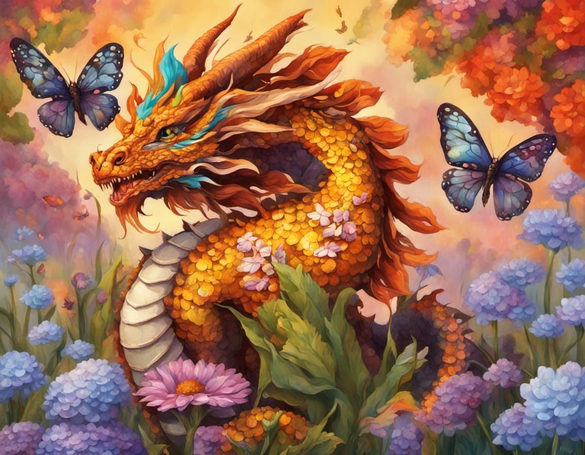 Floral Butterfly Dragon in Colorful Flower Field