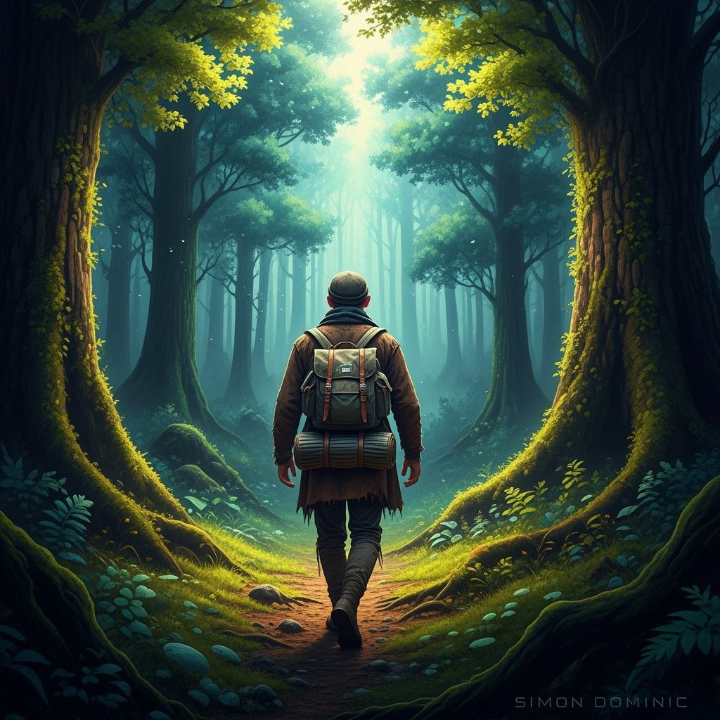 Traveler in Mystical Forest, Hyperrealistic HDR Render