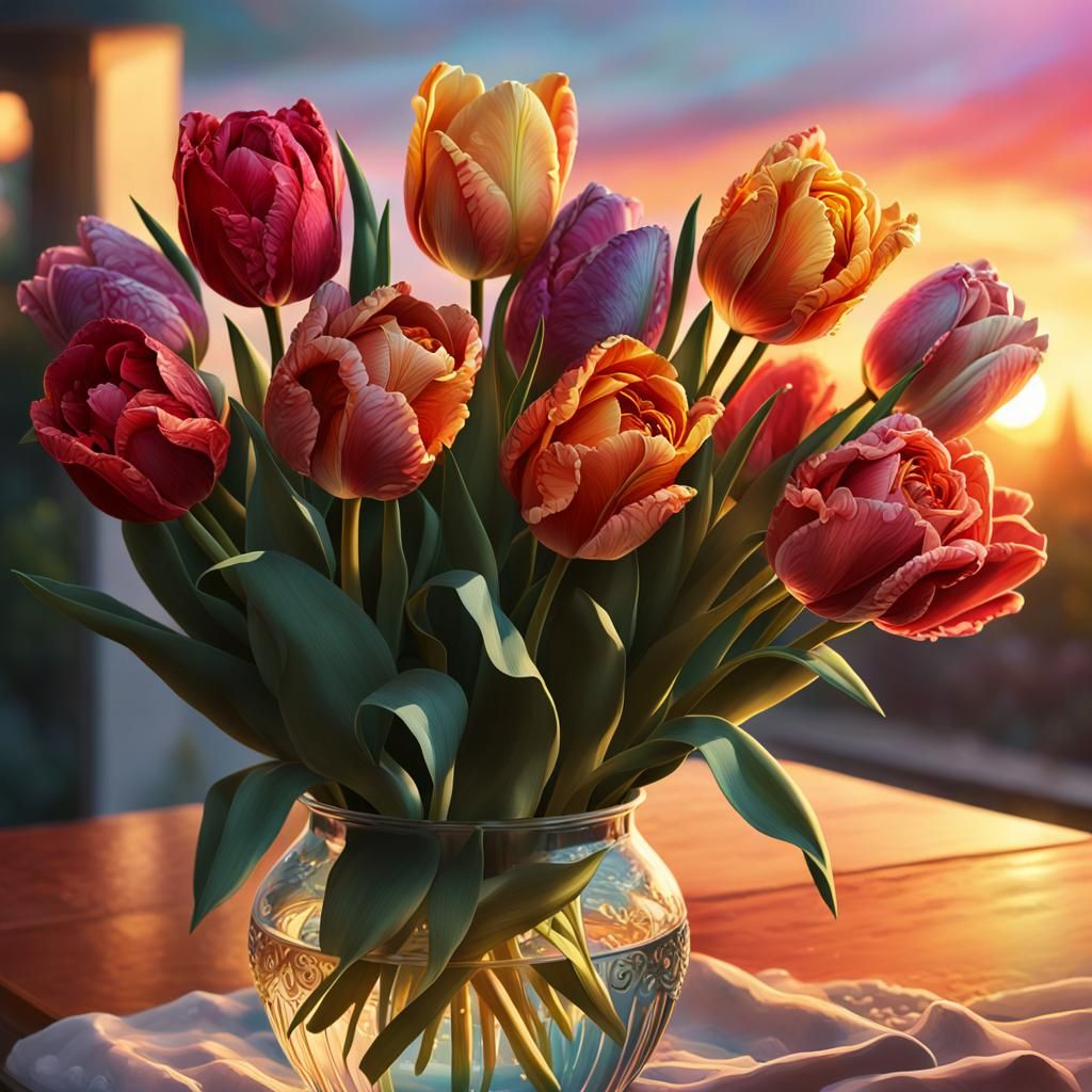 Hyperrealistic Tulips and Roses Bouquet at Sunset