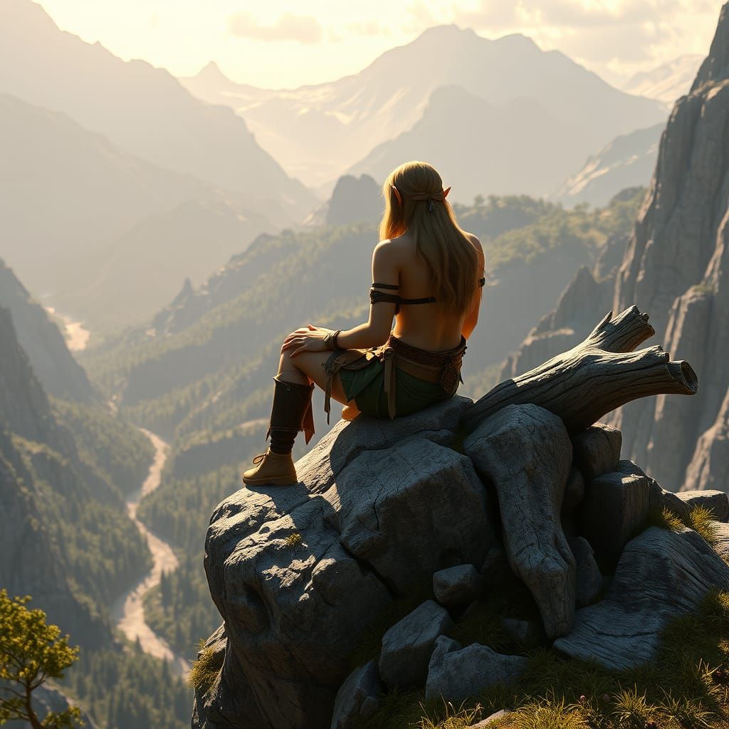 Elven Adventurer Overlooking Valley, Art Nouveau Style