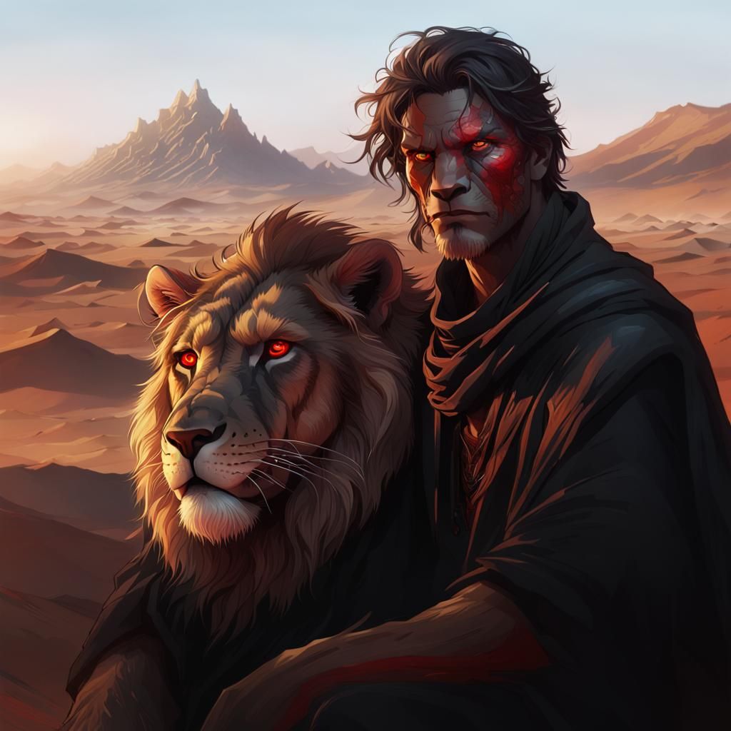 Desert Nomad Portrait with Lion, Digital Matte Painting