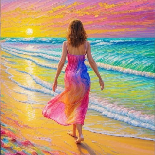Woman on Tropical Beach Sunset: Expressionist Oil Painting