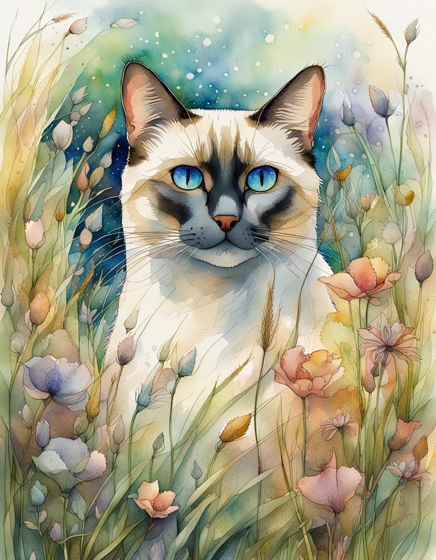 Siamese Cat in Wildflower Field, Watercolor Art