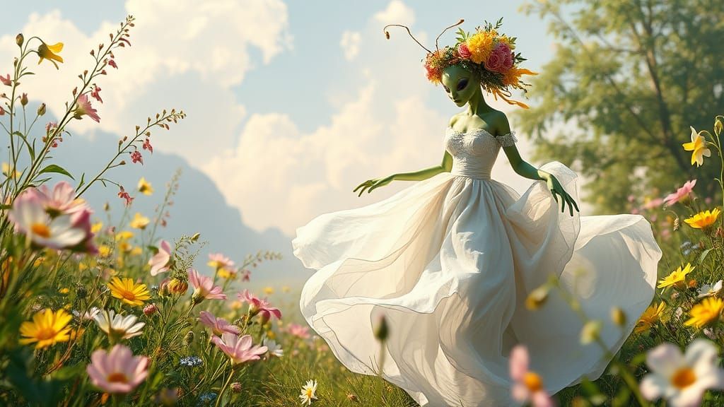 Rococo Alien Woman in Lush Meadow
