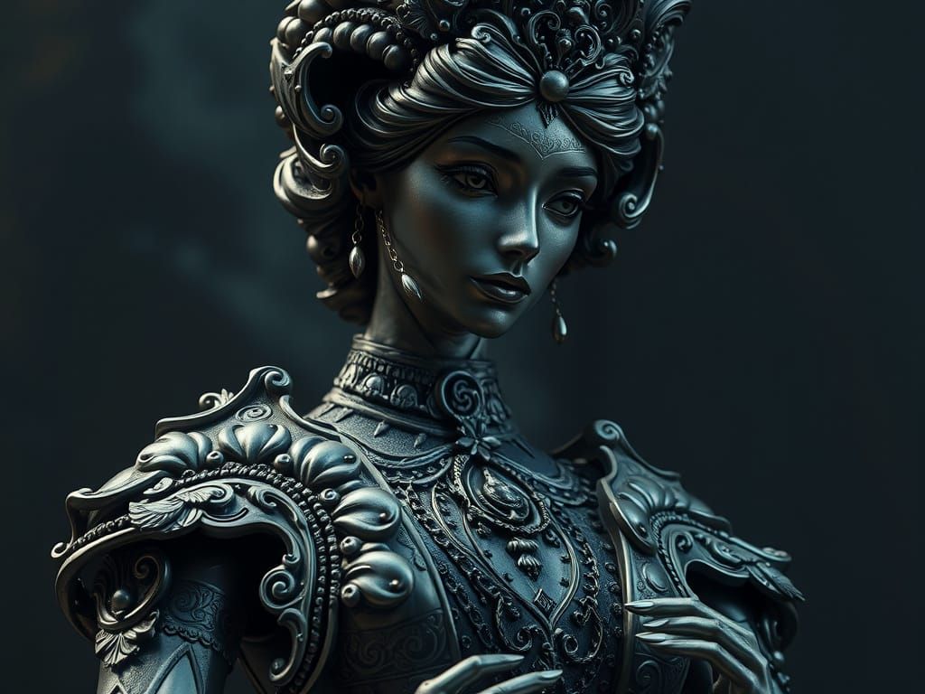 Metallic Victorian Goddess in Dramatic Dark Atmosphere