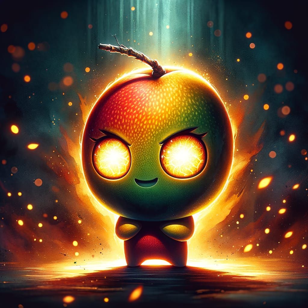 Chibi Mango Character with Glowing Eyes in Watercolor