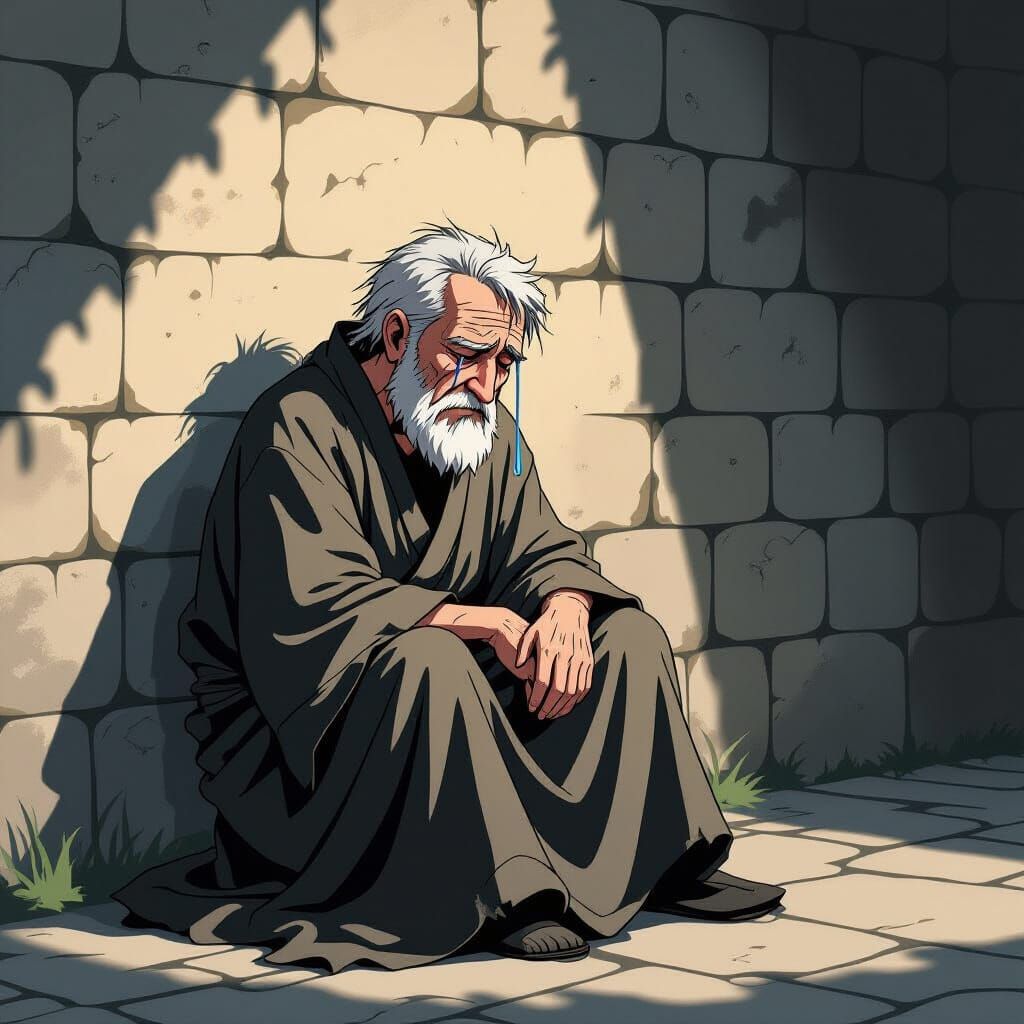 Crying Old Man in Anime Art Style