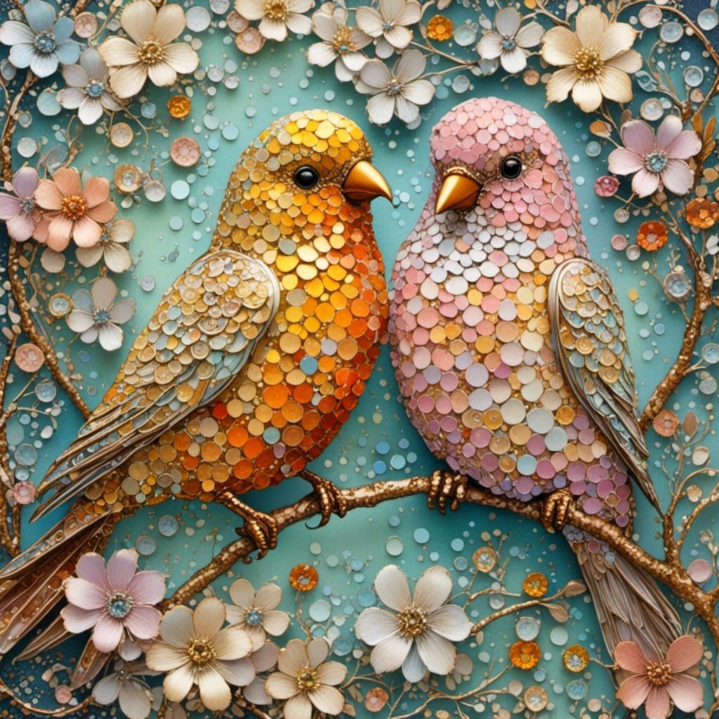 Iridescent Love Birds in Pointillist Style