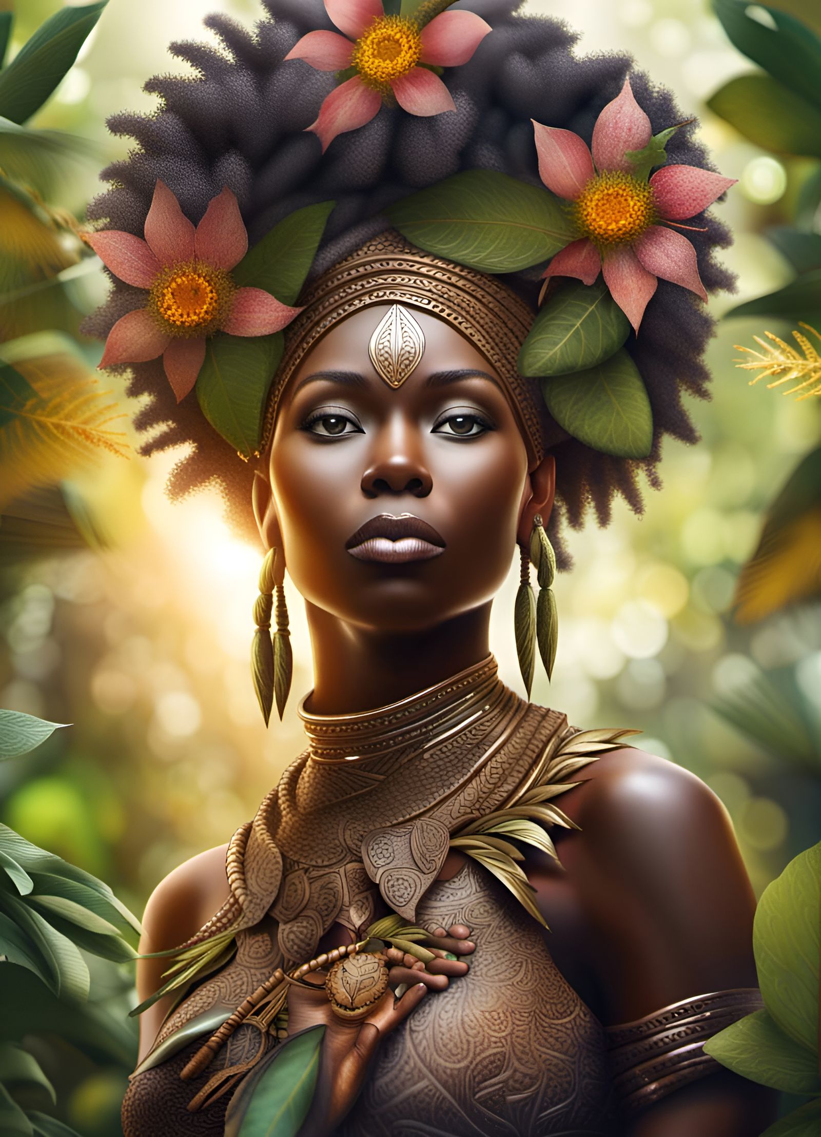 African Goddess of Nature, One with flowers and leaves, beautiful Intricately detailed texture, Hyperdetailed, hyperreal...