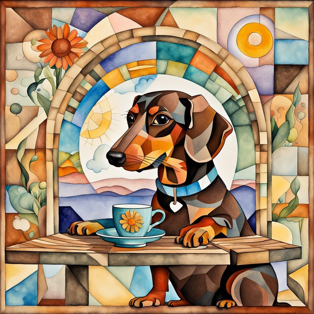 Cubist Dachshund's Tea Break: A Gleizes-Inspired Vision