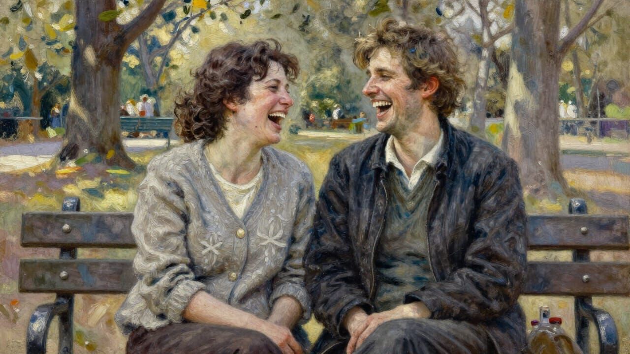 Couple Laughing on Park Bench in Sunlight, Gouache Style