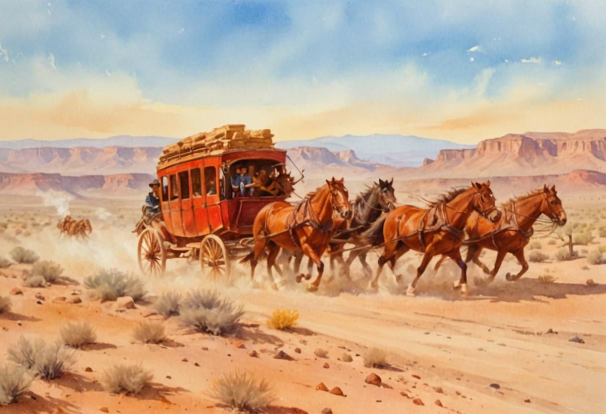 Wild West Stagecoach Watercolor Landscape