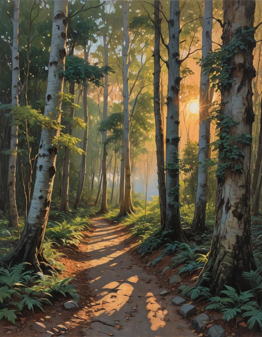 Sunset Path Through Trees Oil Painting