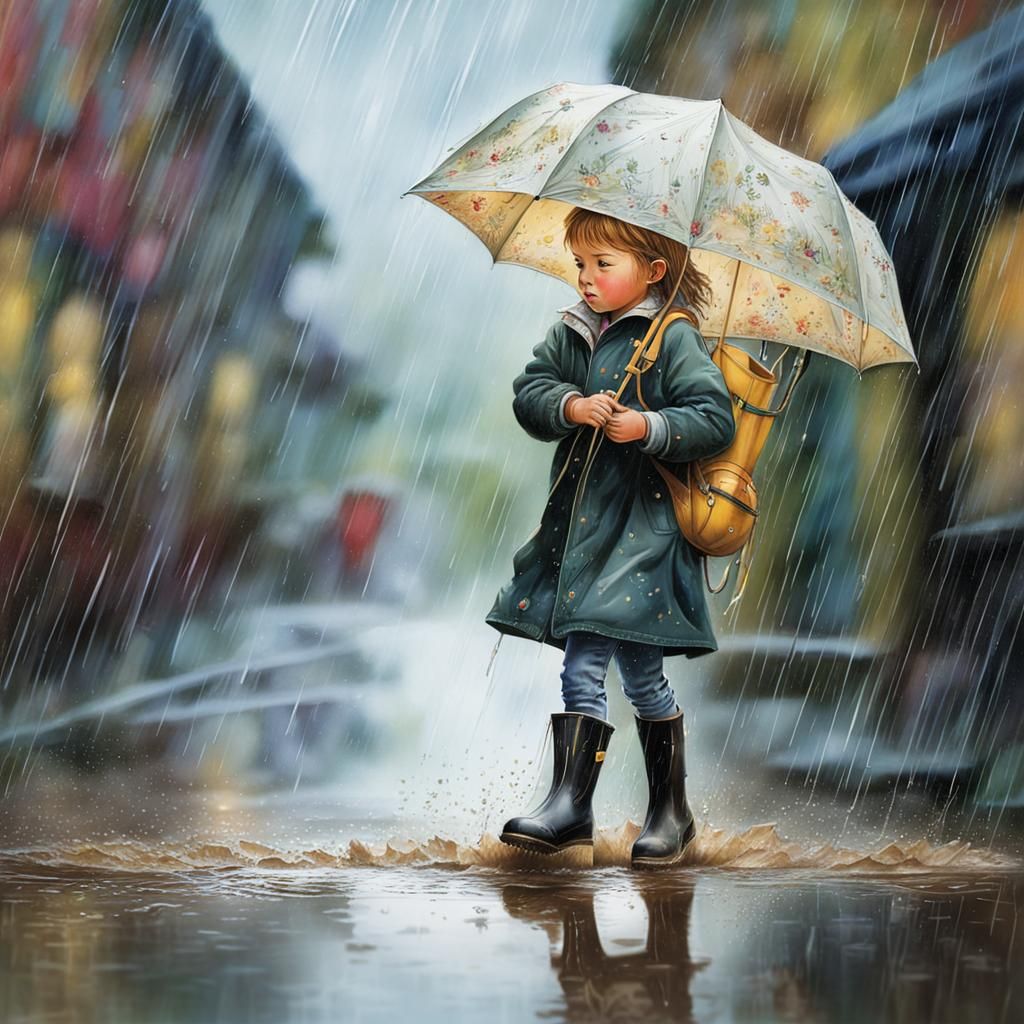 Child in Boots: Rainy Day Splash Art