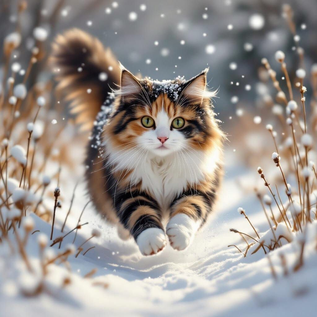Fluffy Calico Cat Leaps Through Snowy Meadow