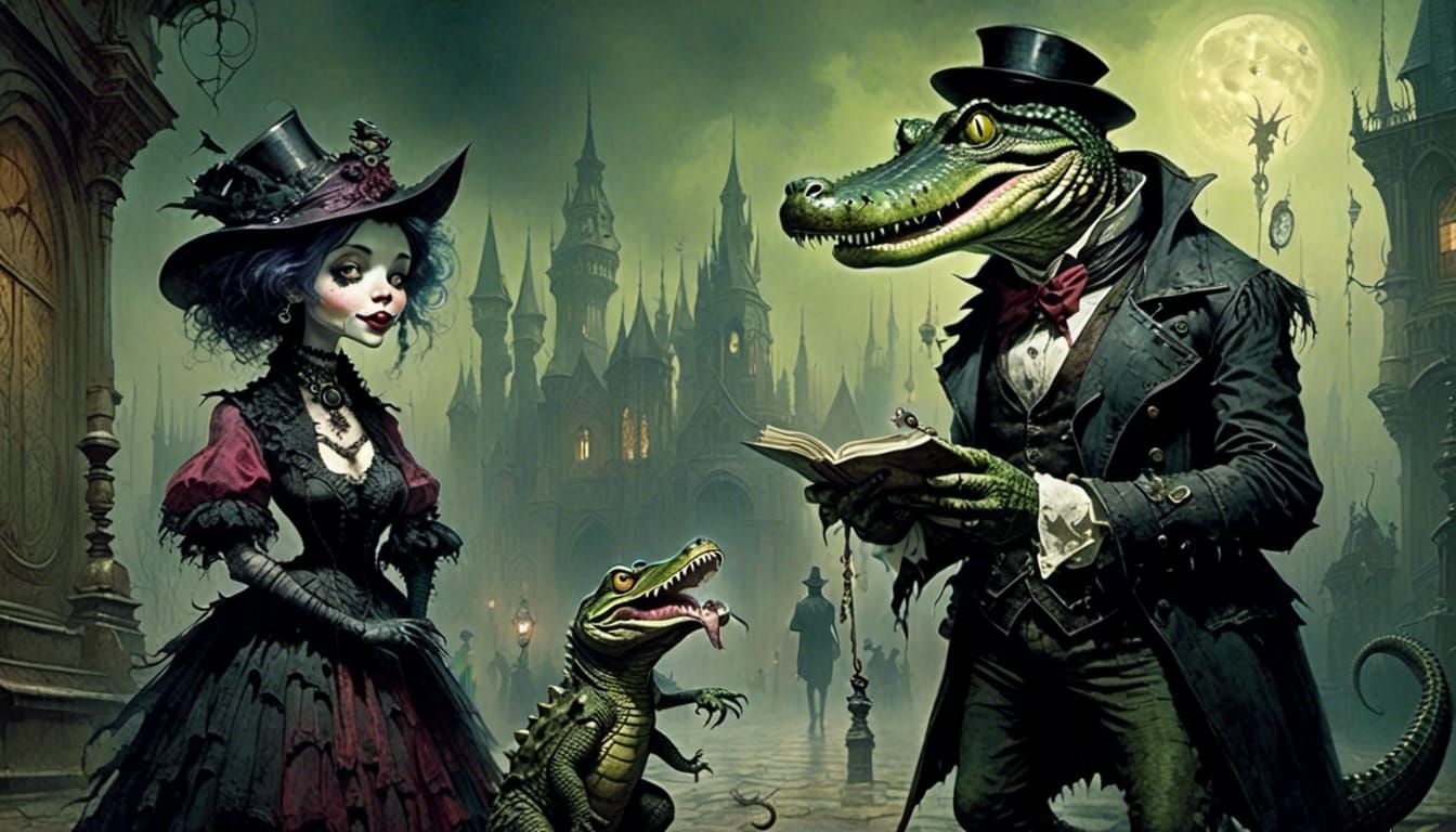 Hipster Alligator Chatting with Alligator Woman