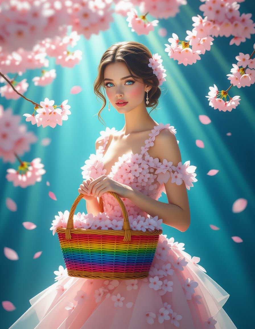 Surreal Woman in Cherry Blossom Dress with Rainbow Basket