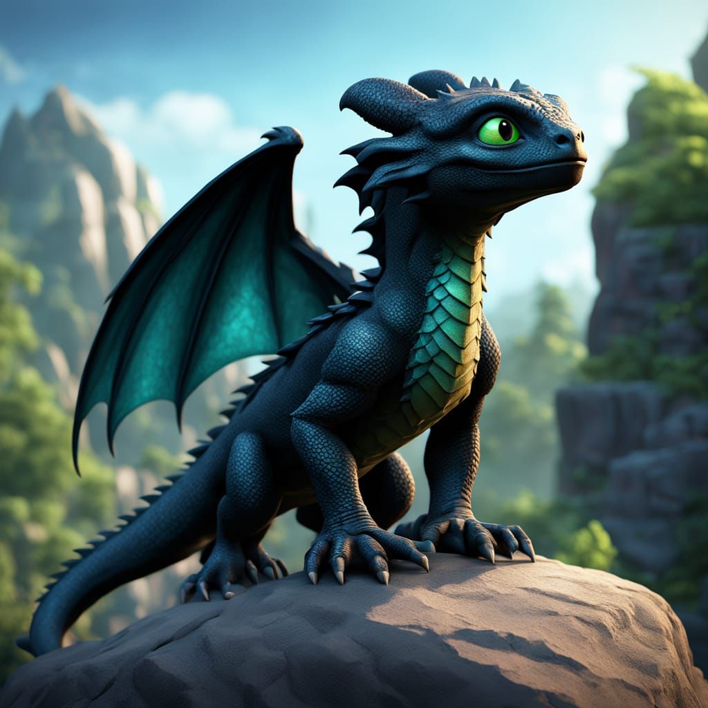 Toothless Perched on a Rock in Vibrant Digital Art