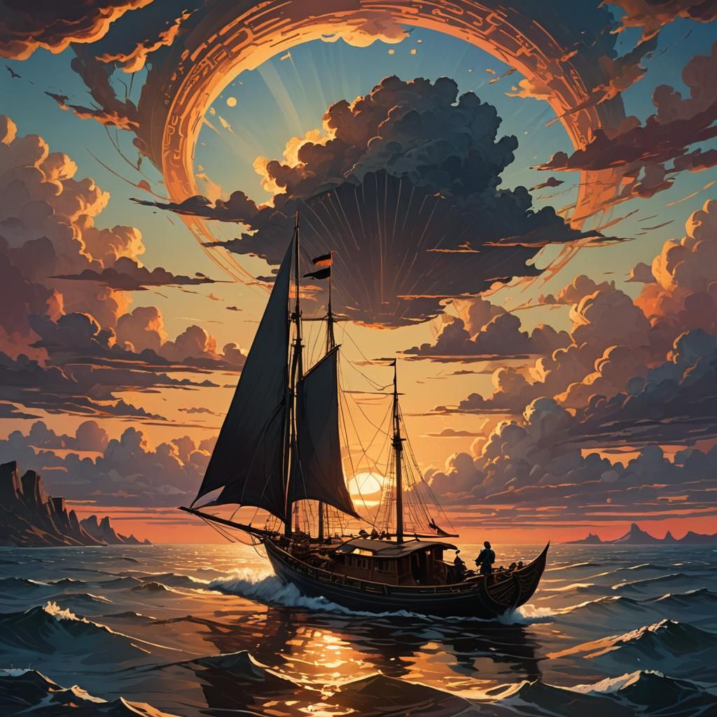 Lone Boat at Sunset: Dark Fantasy Art Nouveau