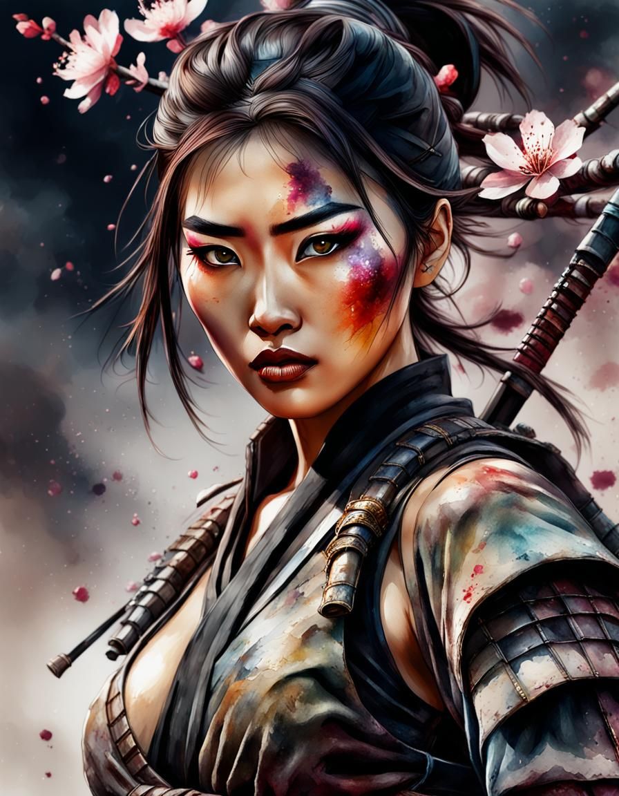 Asian Woman Warrior in Watercolor Splash Art