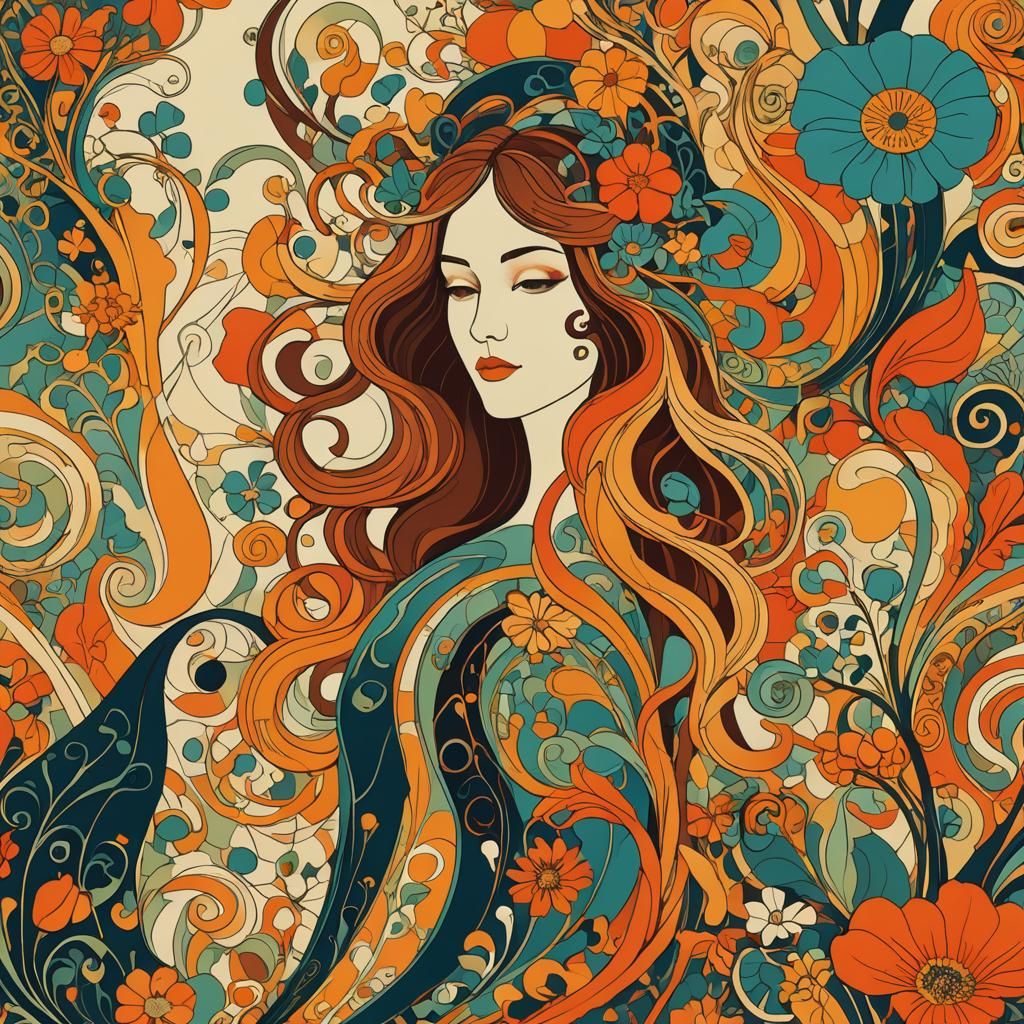 Psychedelic Art Nouveau Floral Design with Abstract Forms