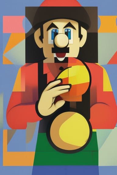 Mario Eating Peach in Cubist Art Deco Style
